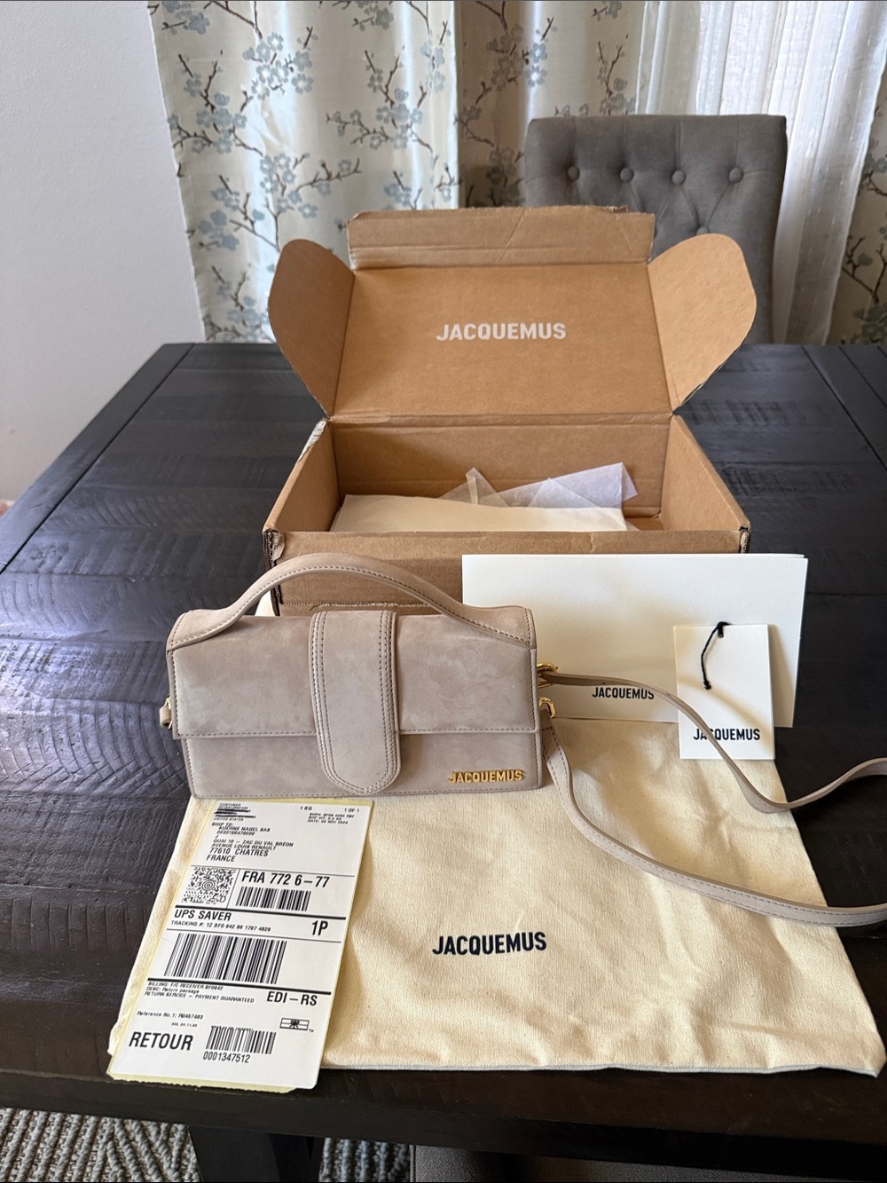 Jacquemus taupe Le Bambino Long beige suede shoulder bag with gold hardware